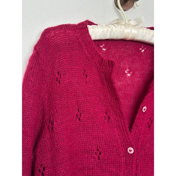Gorgeous Handmade Knit Berry Red Wool Cardigan Pointelle Fits like Medium - Picture 4 of 10
